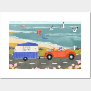 Family Road Trip in a Vintage Car and Caravan Posters and Art